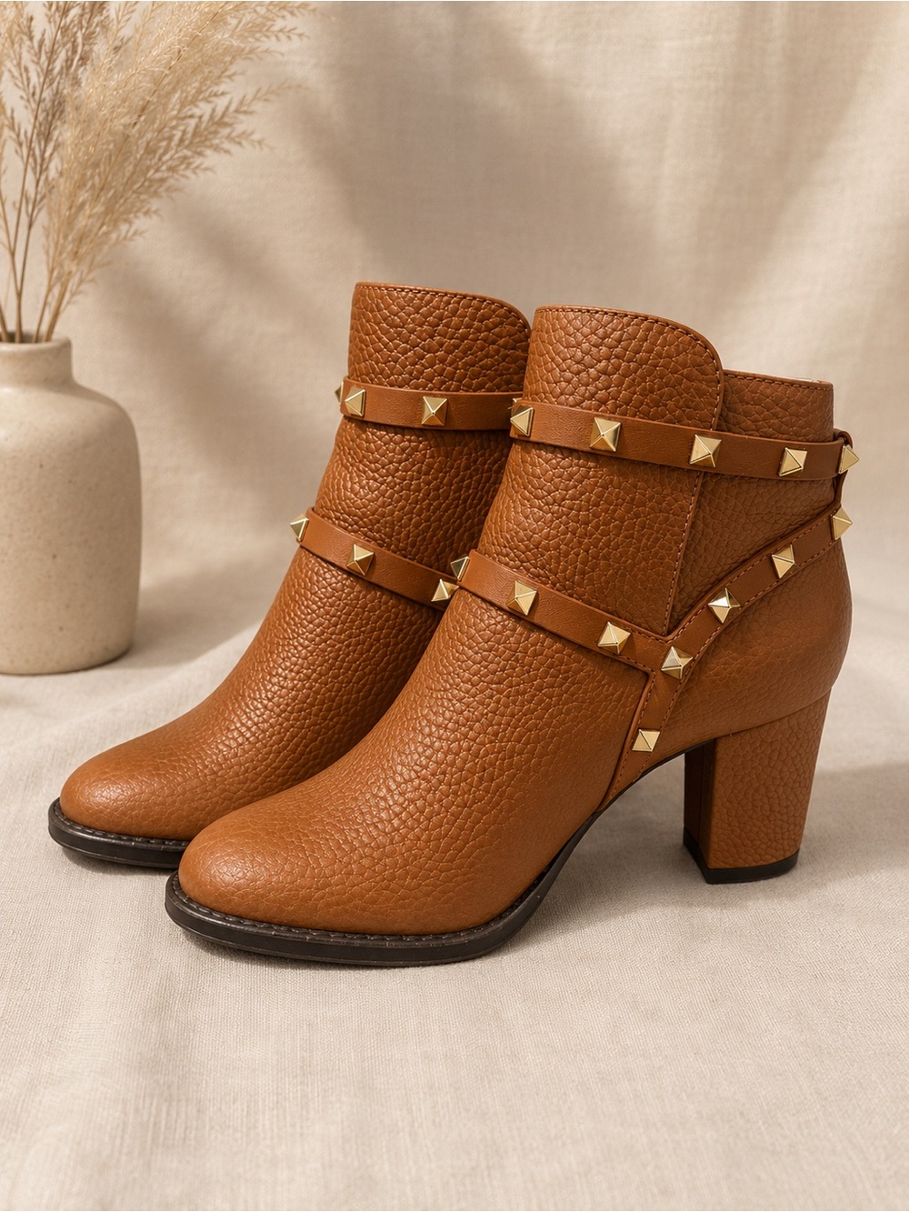 Valentino Garavani Cognac Leather Stud-Trim Block Heel Ankle Boots